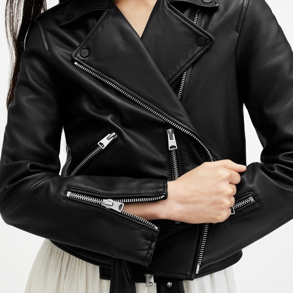All Saints Black Balfern Belted Hem Leather Biker Jacket Size 2 - Picture 4 of 13